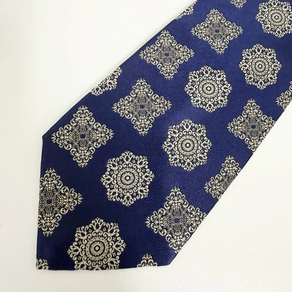 Versace Men's Tie Floral Navy Blue & Silver Silk Japan 3.75